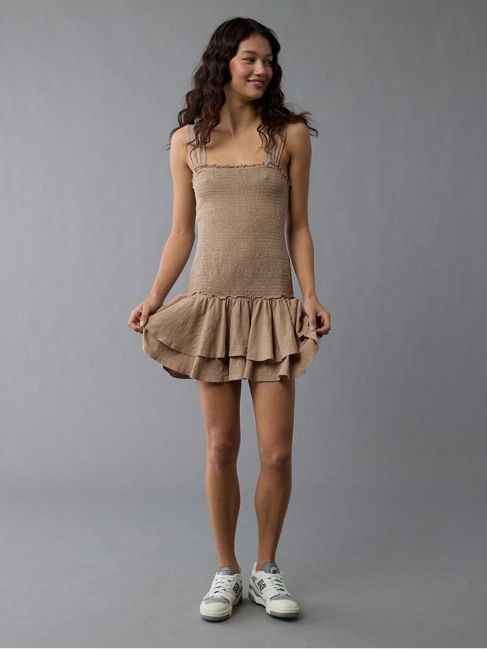 American Eagle Sunchaser Tan Smocked Ruffled Mini Dress Size M